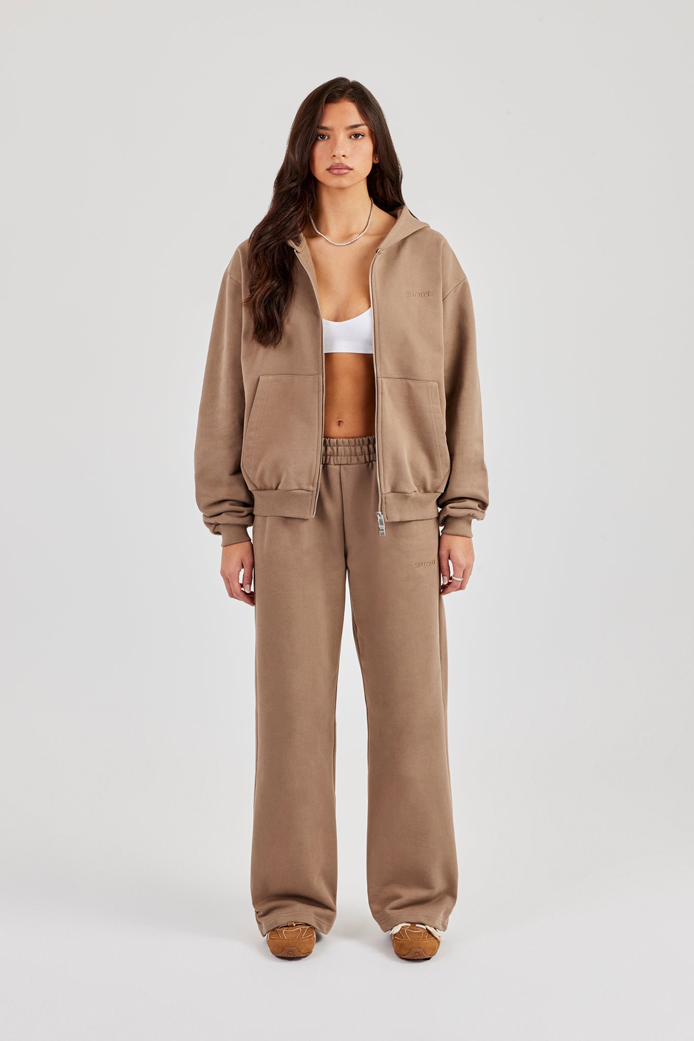 Cernucci Oversized Zip Through Hoodie Wide Leg Jogger - Taupe