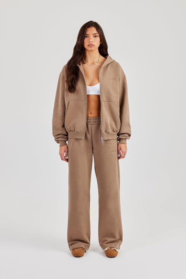 Cernucci Oversized Zip Through Hoodie Wide Leg Jogger - Taupe