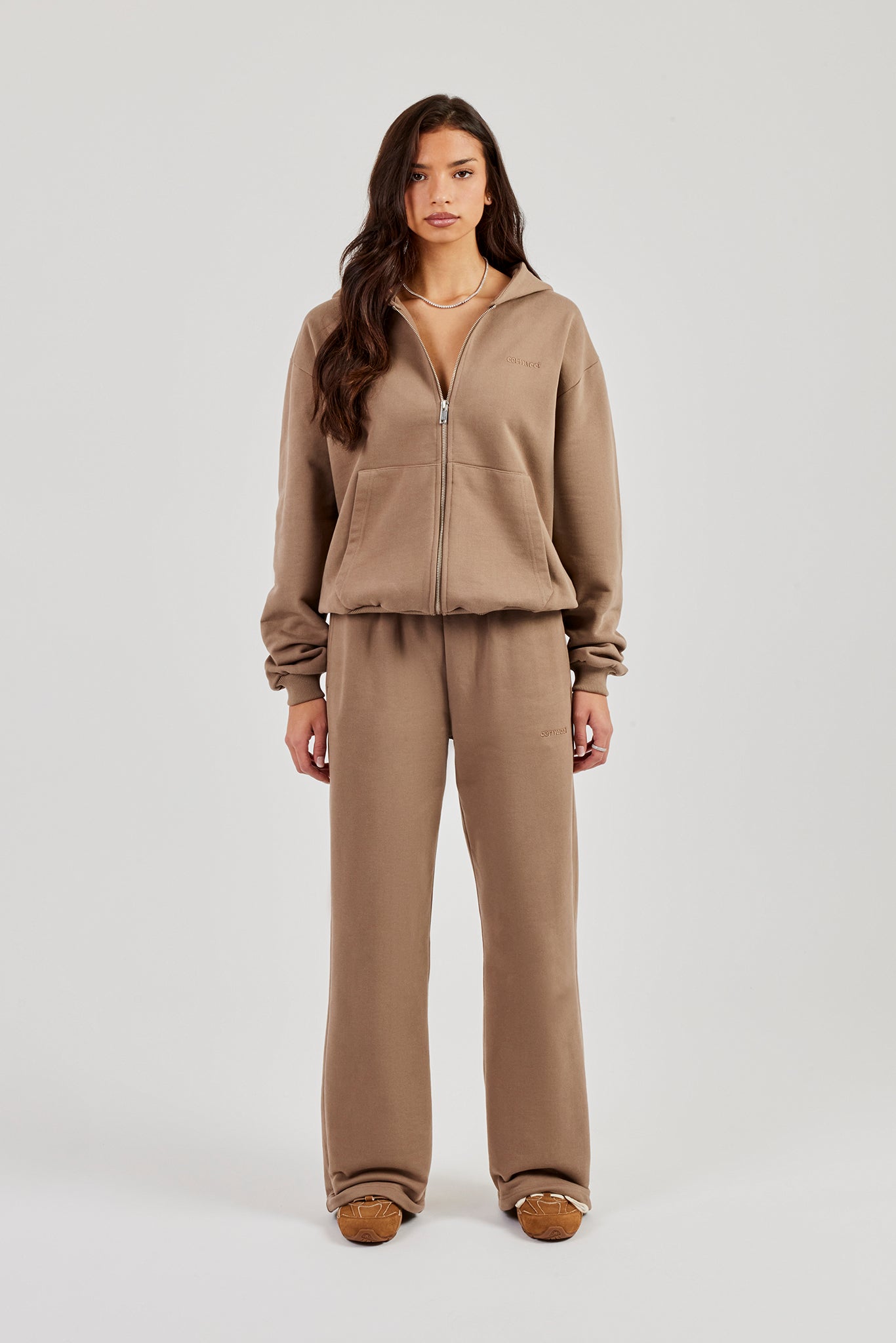 Cernucci Oversized Zip Through Hoodie Wide Leg Jogger - Taupe