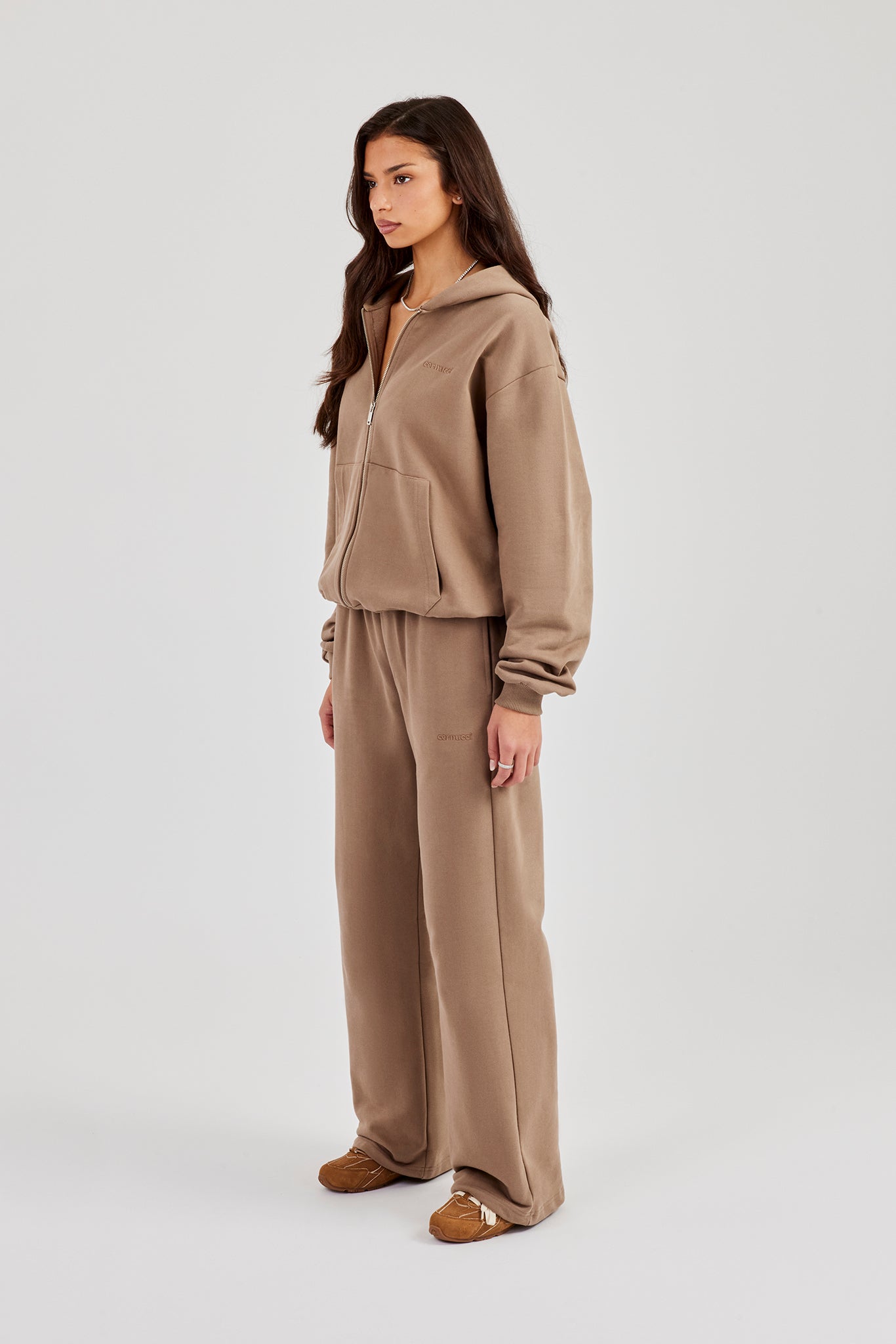 Cernucci Oversized Zip Through Hoodie Wide Leg Jogger - Taupe