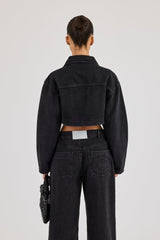 Cropped Curved Hem Denim Jacket - Washed Black