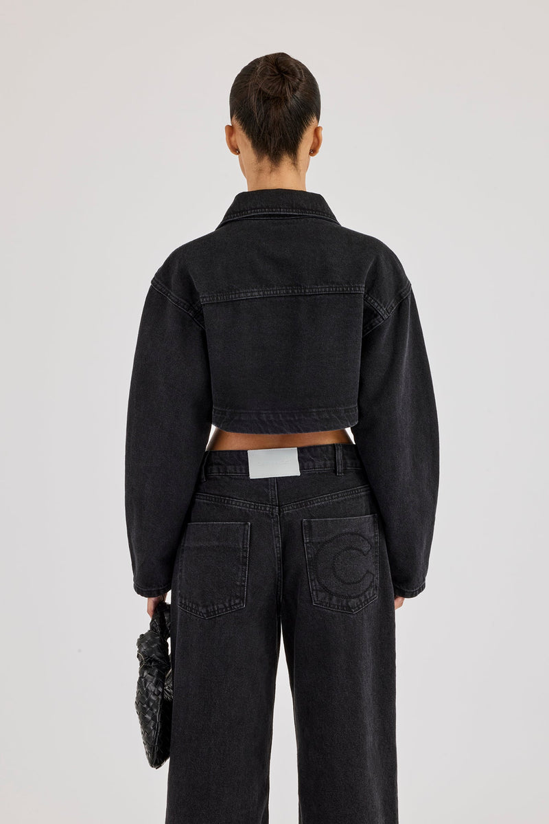 Cropped Curved Hem Denim Jacket & Low Rise Jeans - Washed Black