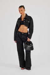 Cropped Curved Hem Denim Jacket & Low Rise Jeans - Washed Black