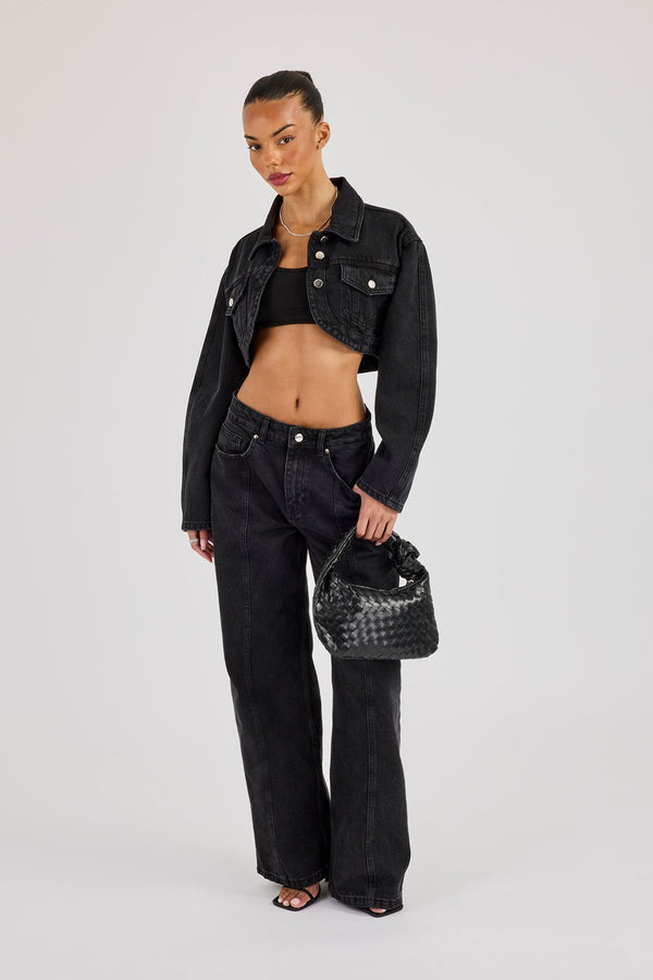 Cropped Curved Hem Denim Jacket & Low Rise Jeans - Washed Black
