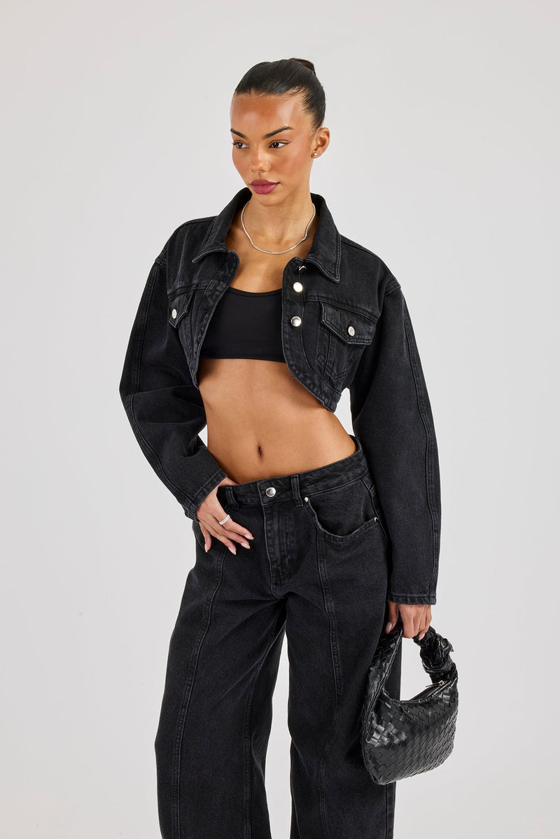 Cropped Curved Hem Denim Jacket - Washed Black