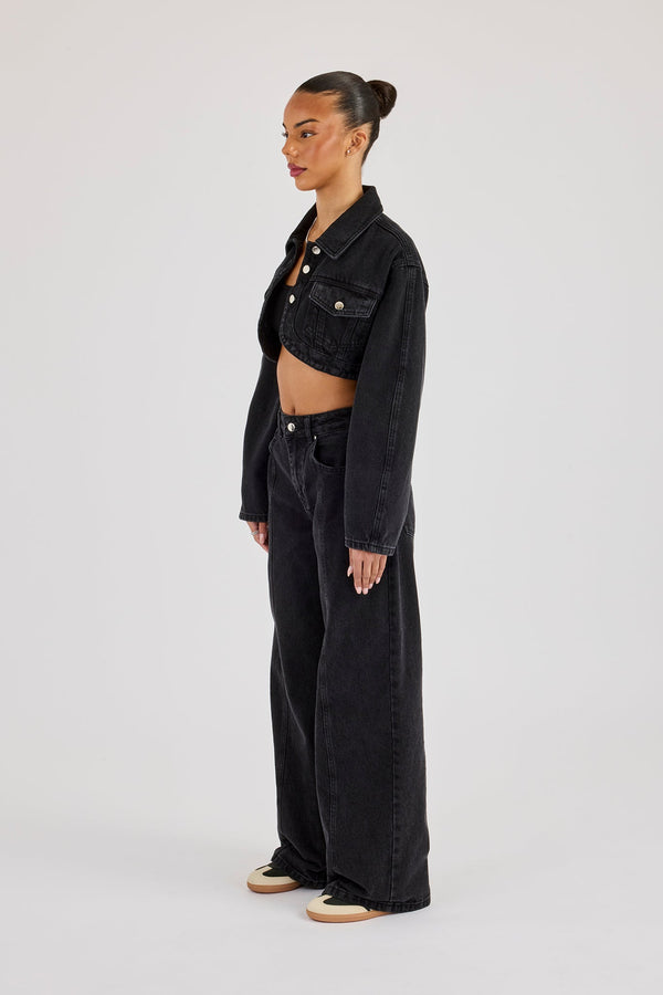 Cropped Curved Hem Denim Jacket & Low Rise Jeans - Washed Black