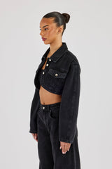 Cropped Curved Hem Denim Jacket - Washed Black