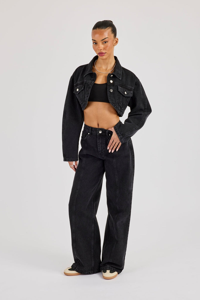Cropped Curved Hem Denim Jacket - Washed Black