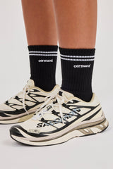 Embroidered Logo Double Stripe Socks - Black