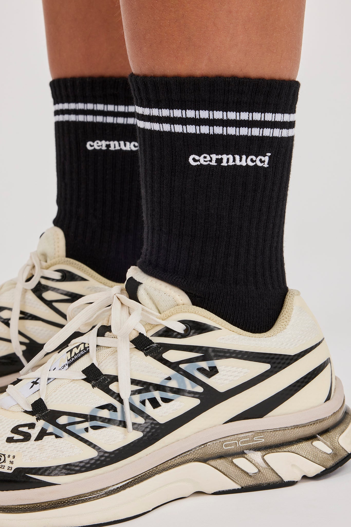 Embroidered Logo Double Stripe Socks - Black