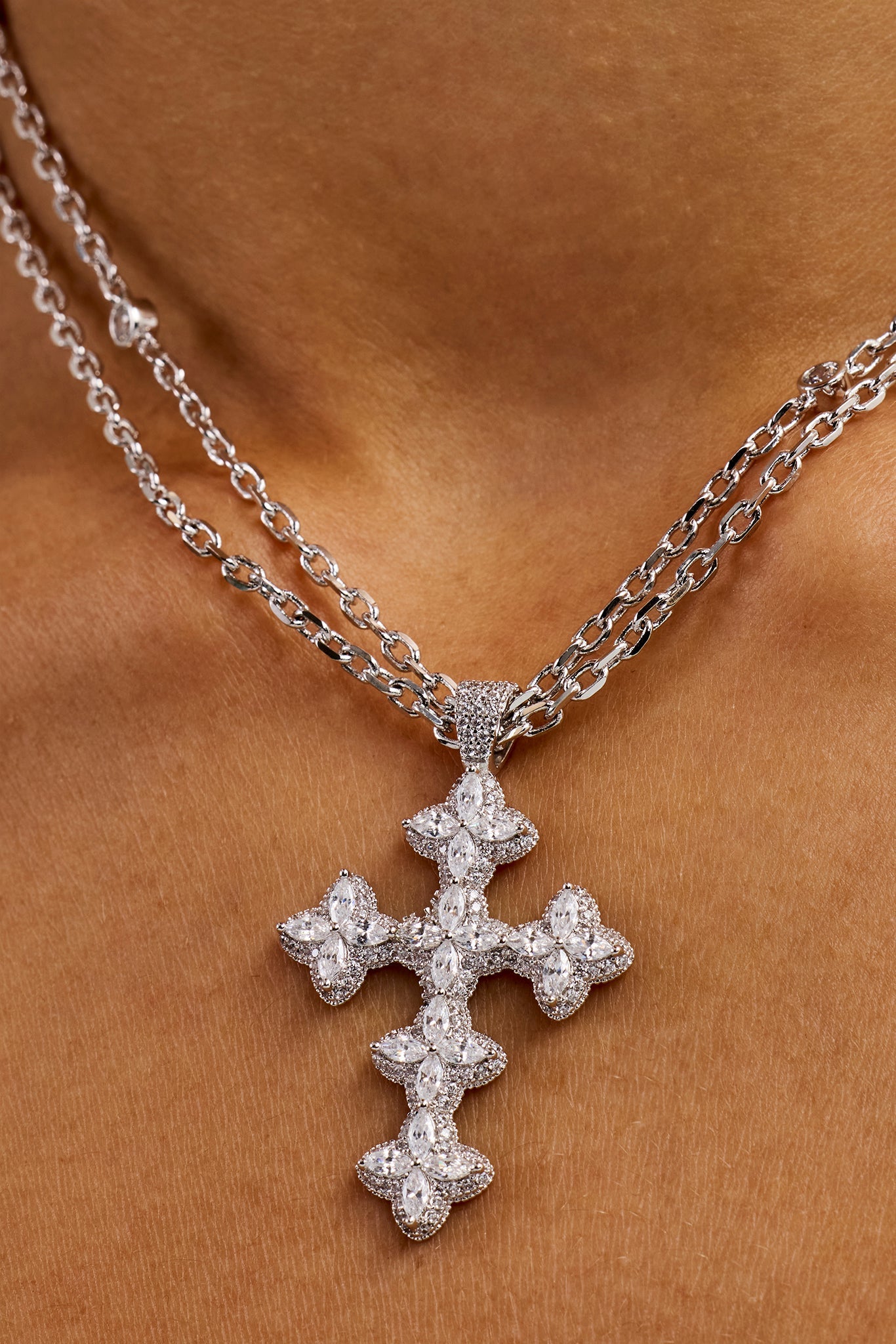 Double Layer Rolo Cross Necklace - 2mm
