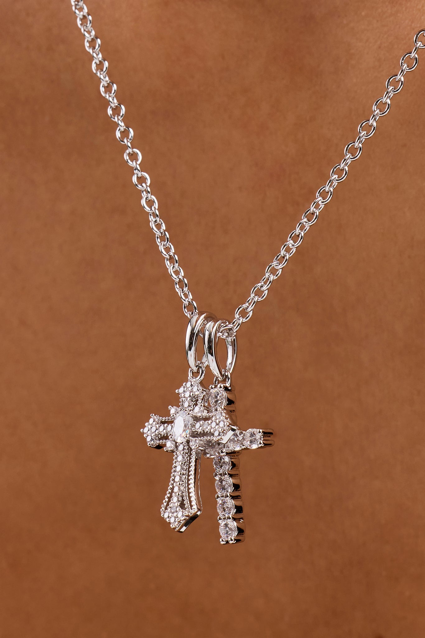 Double Multi Iced Cross Necklace - 20mm - White