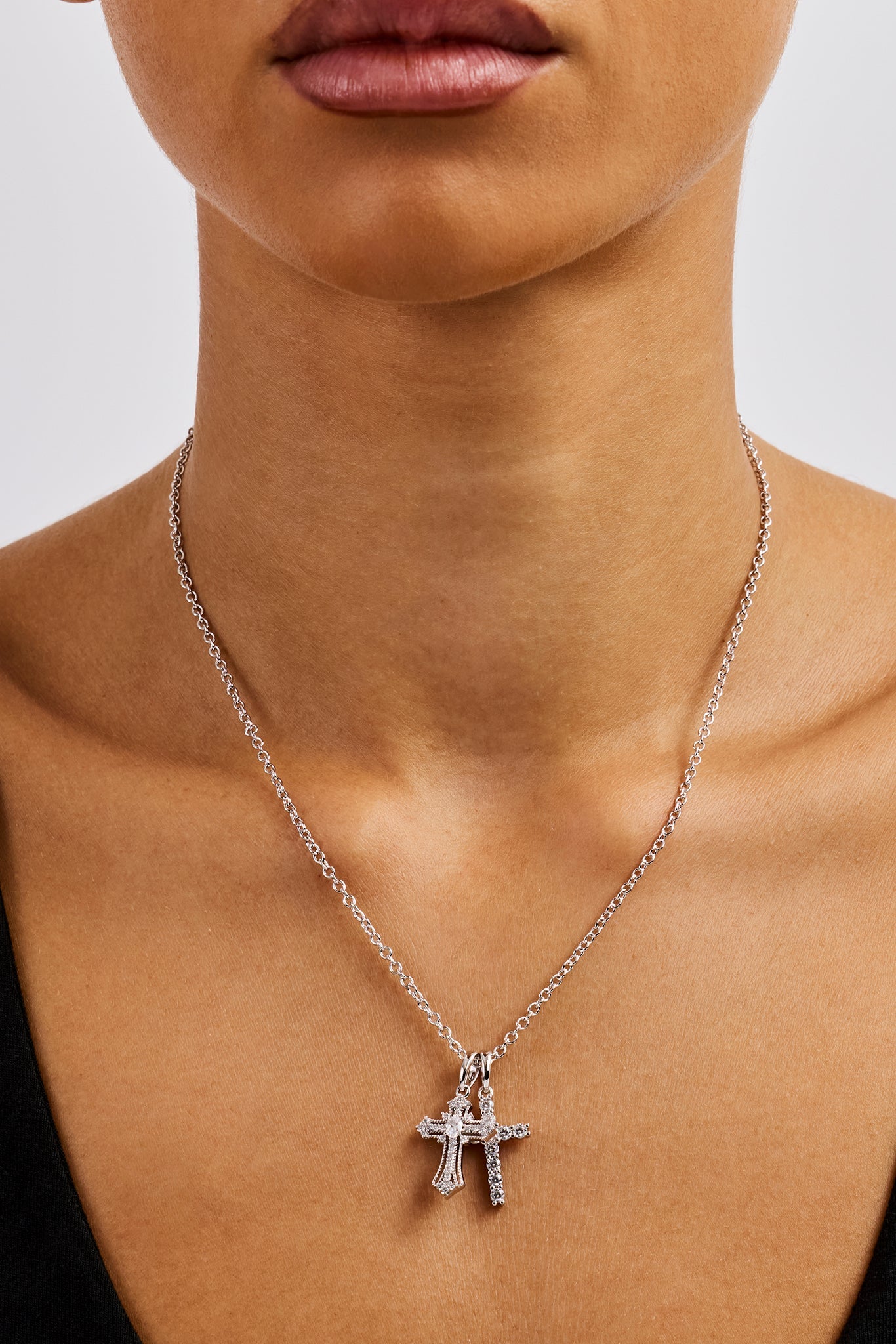 Double Multi Iced Cross Necklace - 20mm - White | Womens Necklaces