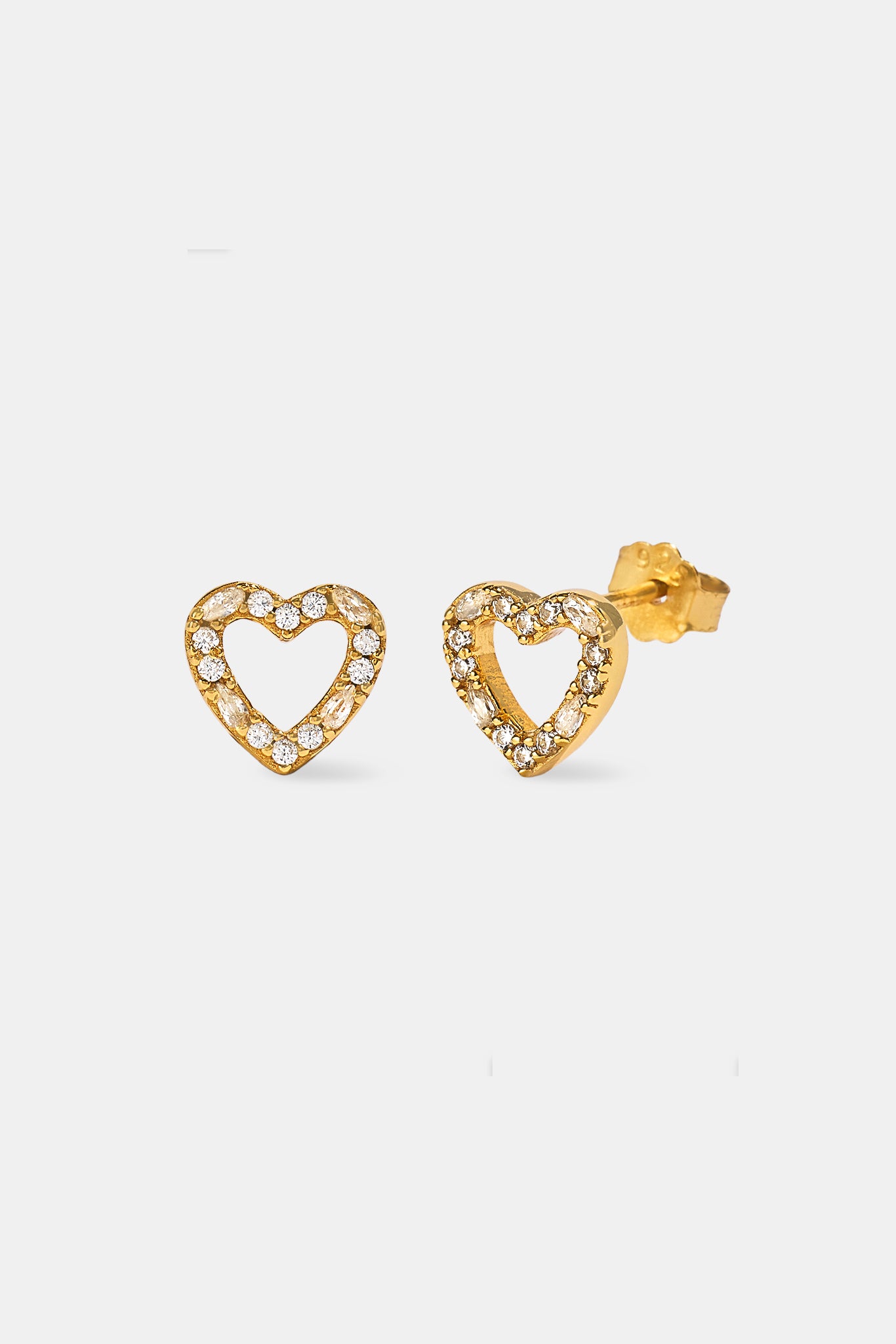 Iced Heart Outline Stud Earrings - 10mm - Gold