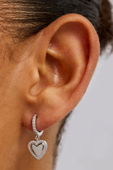 Iced Hoop Heart Drop Earrings - 10mm - White Gold