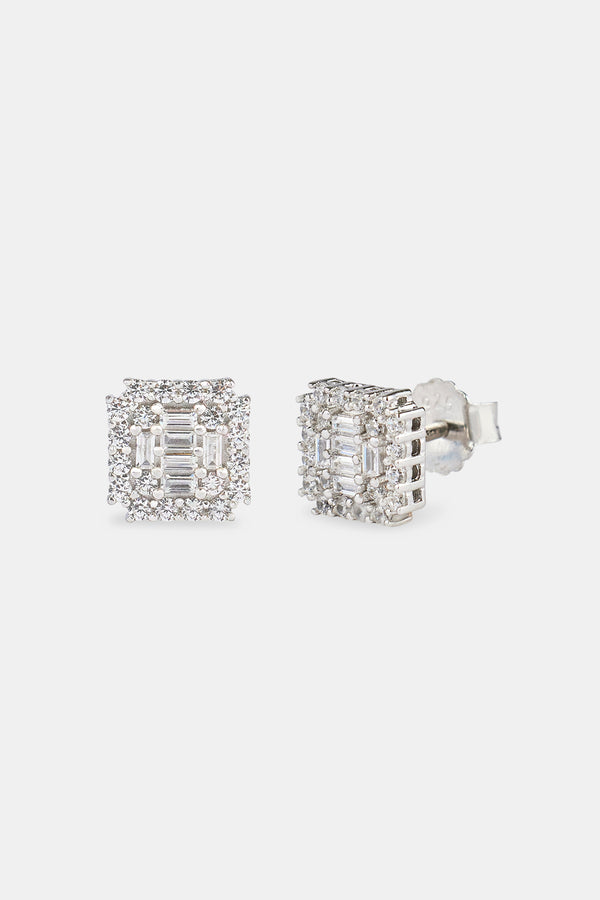 Iced Edge Baguette Cluster Stud Earrings - 8mm
