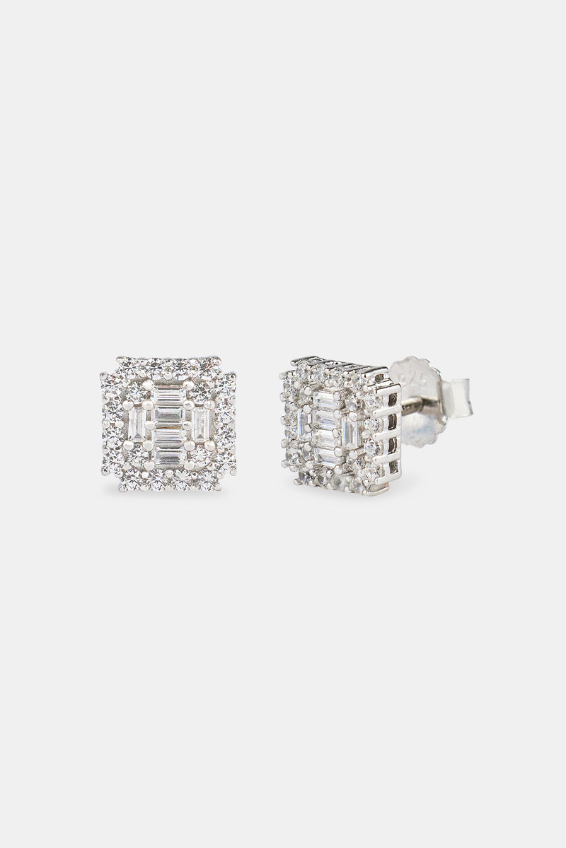 Iced Edge Baguette Cluster Stud Earrings - 8mm
