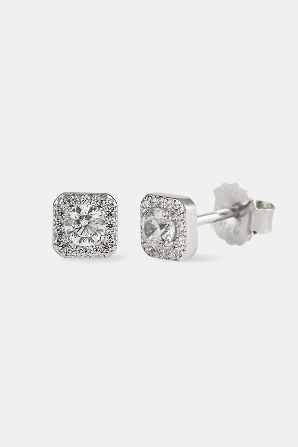 Iced Centre Square Edge Stud Earrings - 6mm - White