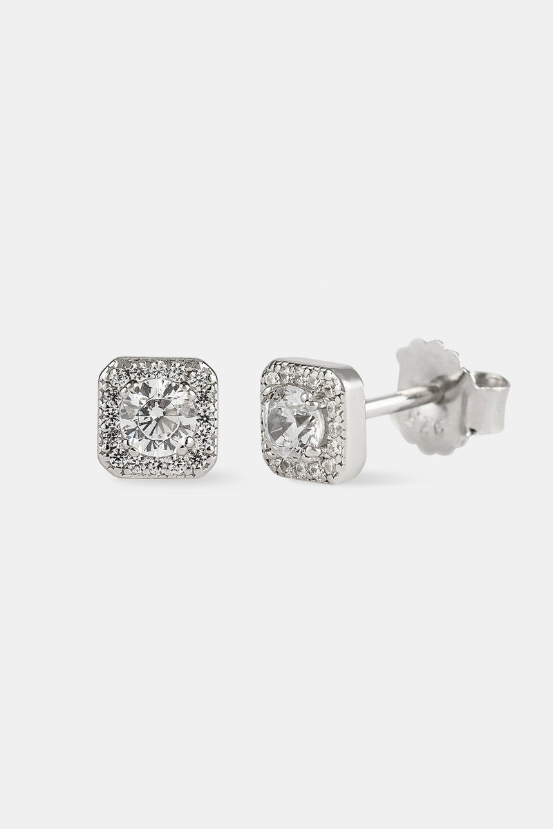 Iced Centre Square Edge Stud Earrings - 6mm - White
