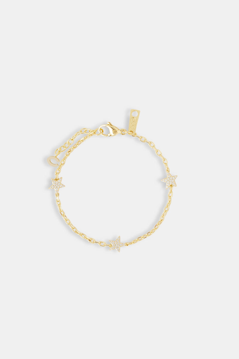 Iced Star Thin Link Bracelet - 2.5mm - Gold