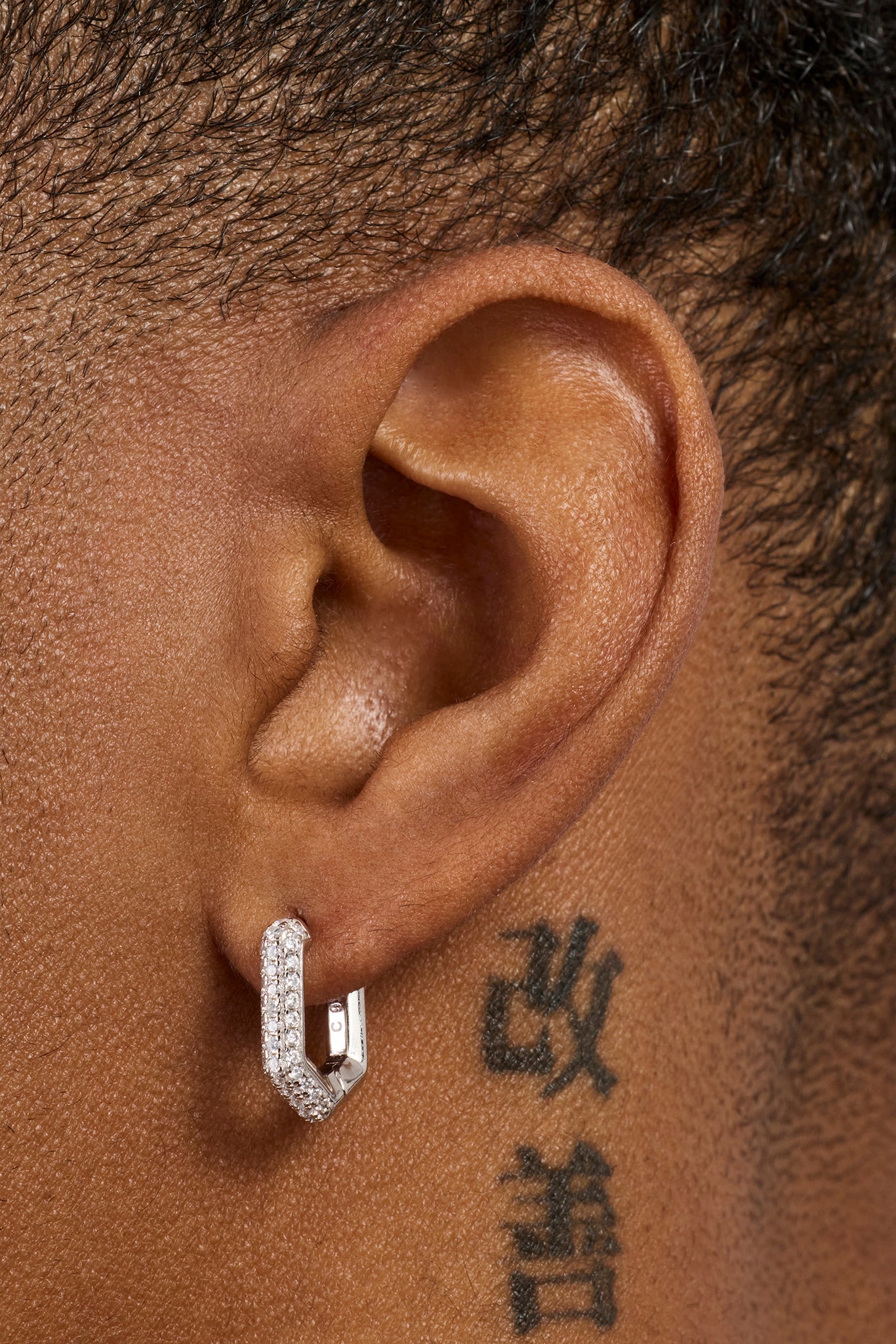 Iced Pentagon Huggie Hoop Earring - 15mm - White