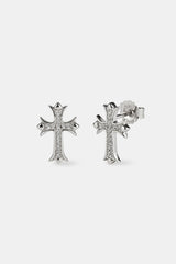Polished Edge Iced Cross Stud Earrings - 15mm - White Gold
