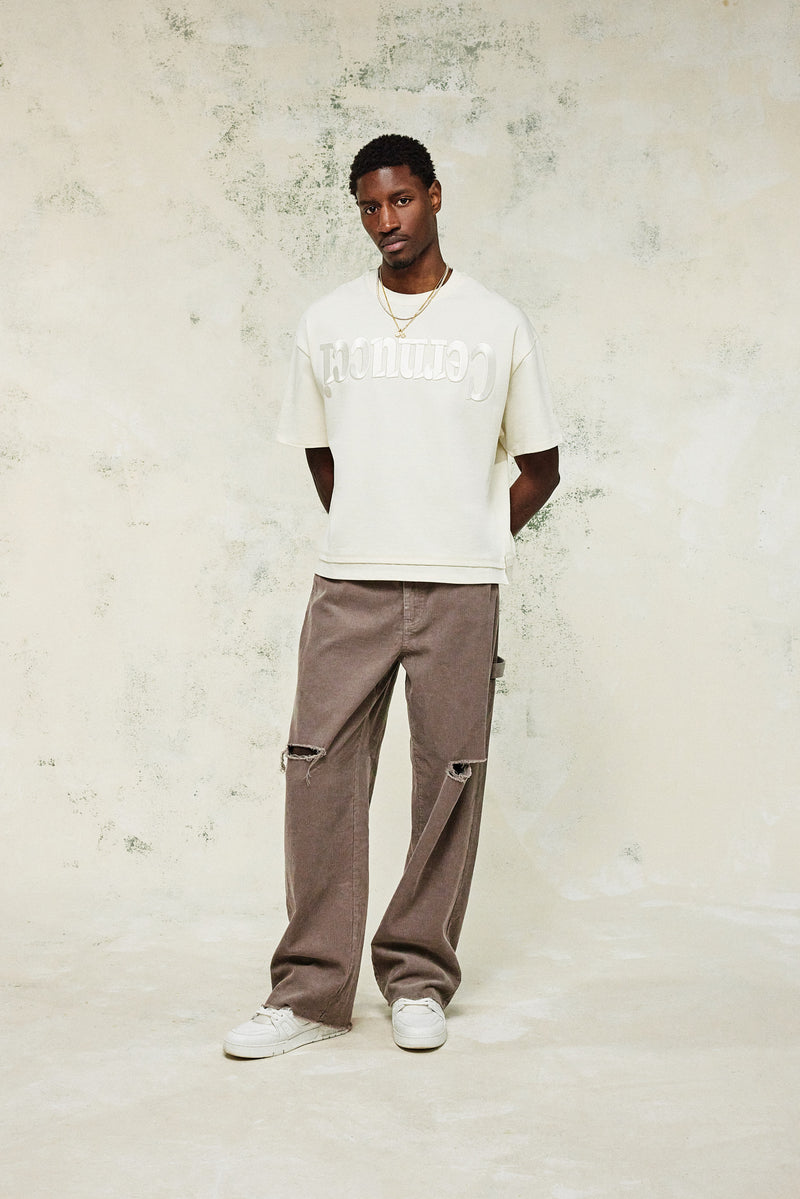 Washed Embroidered Faux Layer Boxy T-Shirt - Off White