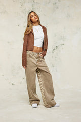 Cable Knit Cropped Knitted Hoodie - Tan