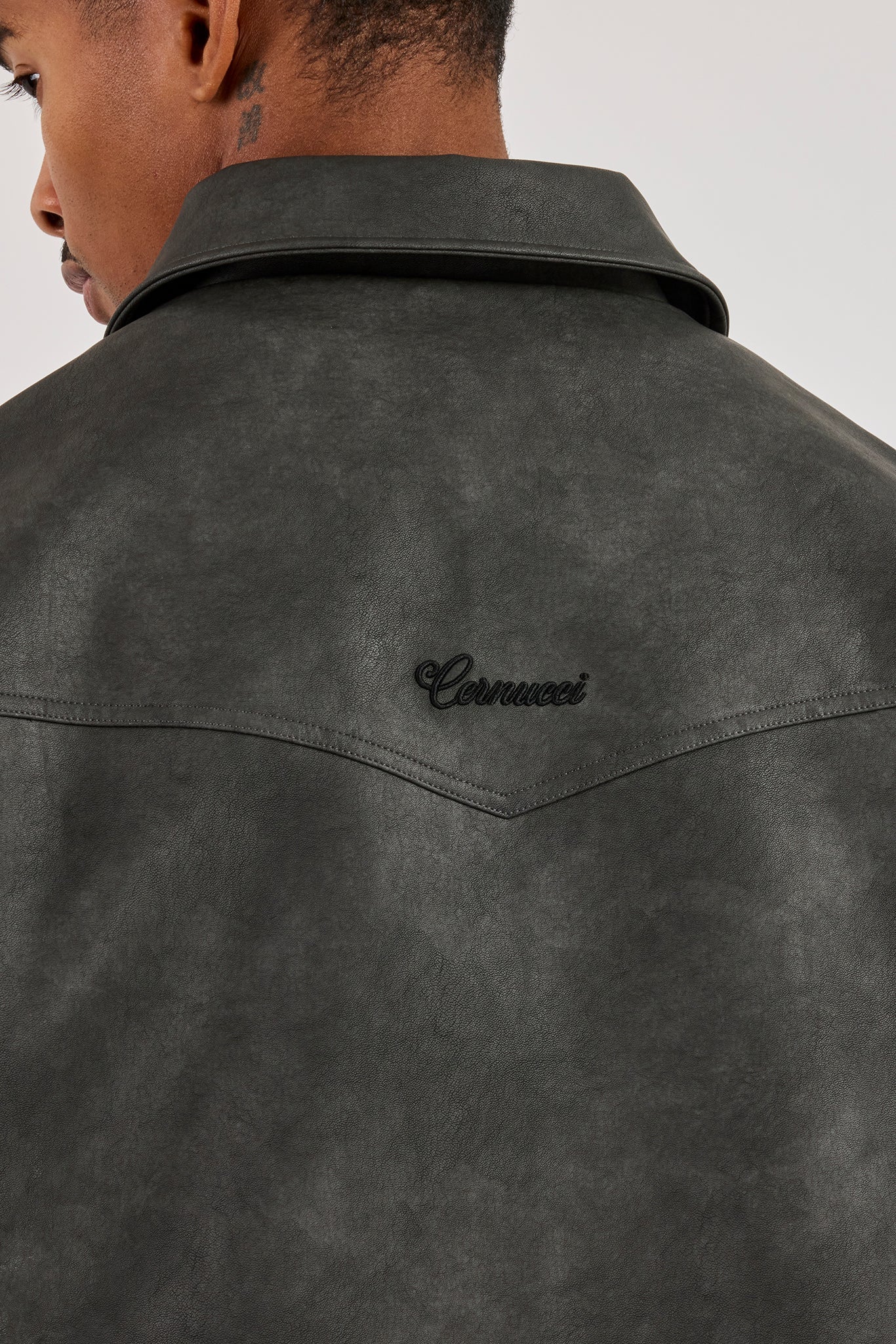 Washed PU Collared Jacket - Washed Black