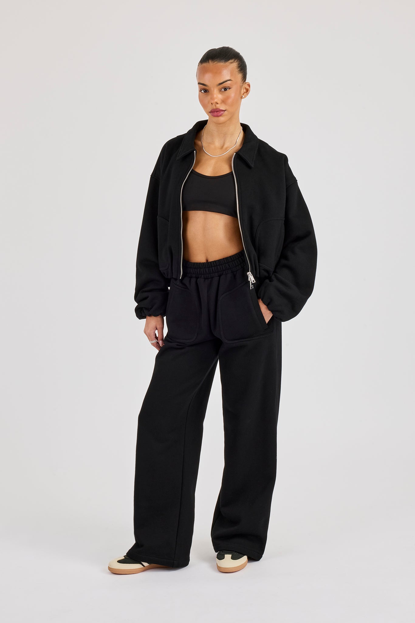 Heavyweight Jersey Collared Bomber Jacket & Wide Leg Jogger - Black