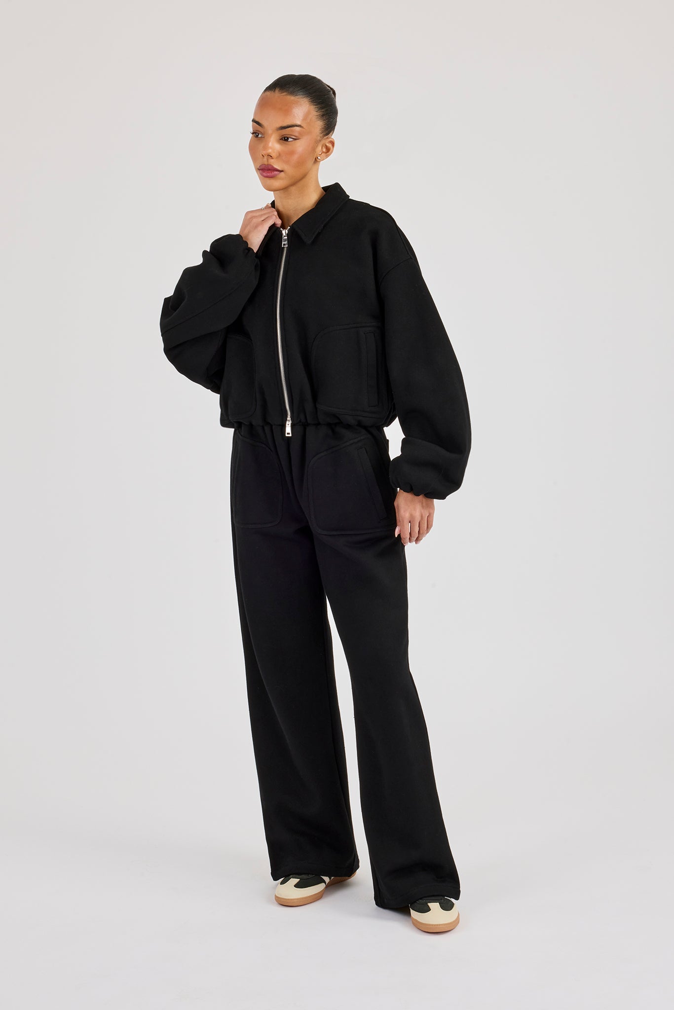 Heavyweight Jersey Collared Bomber Jacket & Wide Leg Jogger - Black