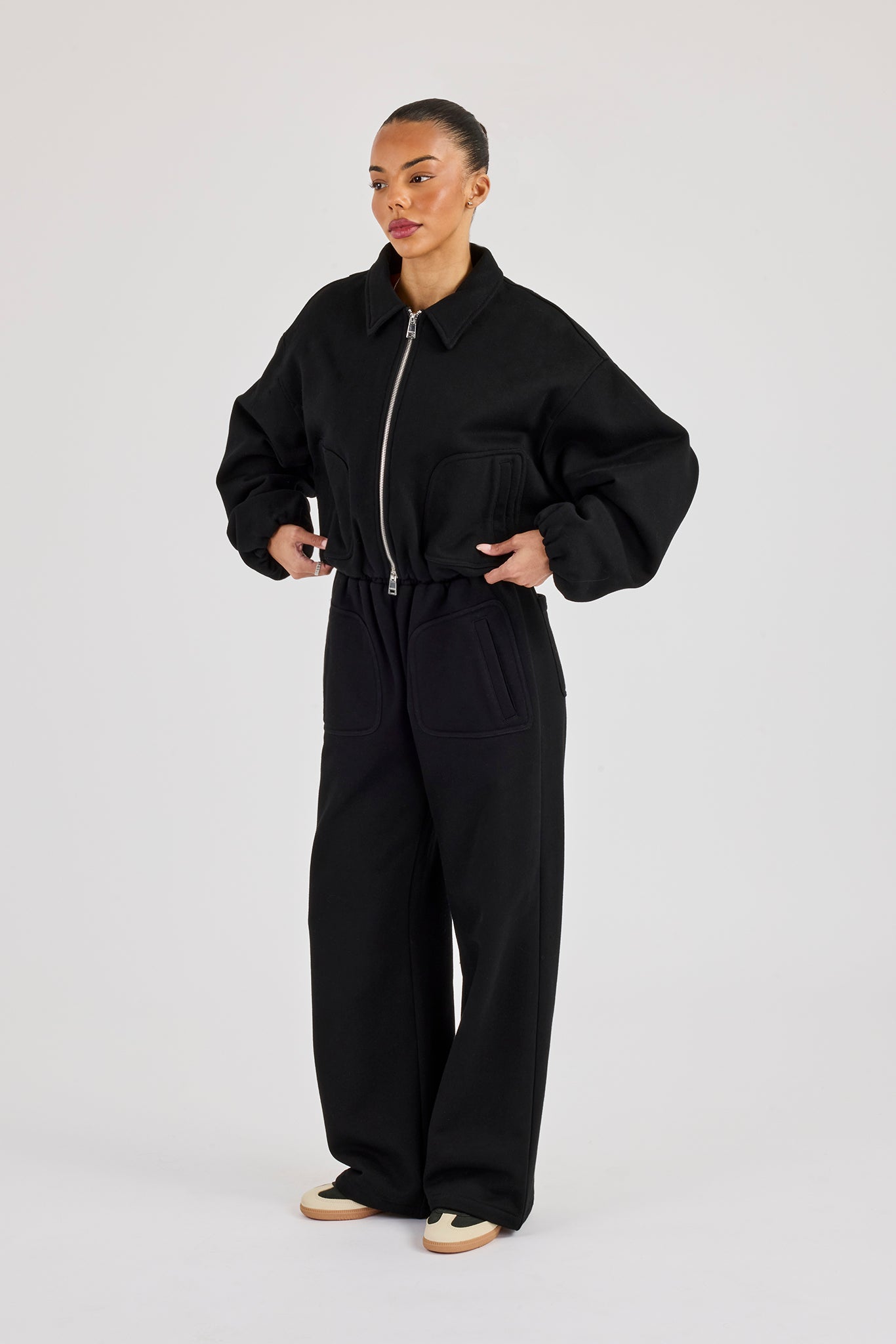 Heavyweight Jersey Collared Bomber Jacket & Wide Leg Jogger - Black
