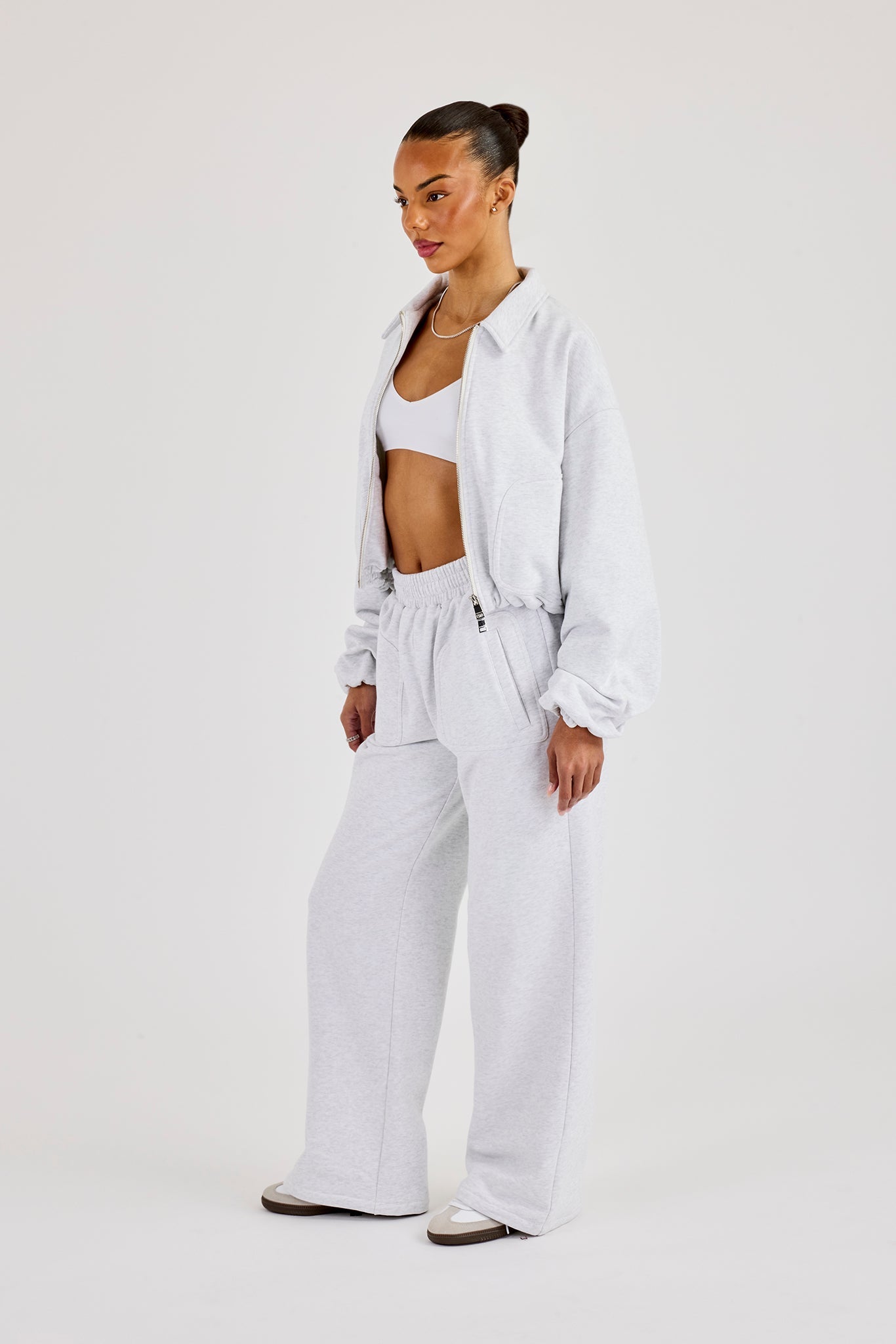 Heavyweight Jersey Collared Bomber Jacket & Wide Leg Jogger - Grey Marl