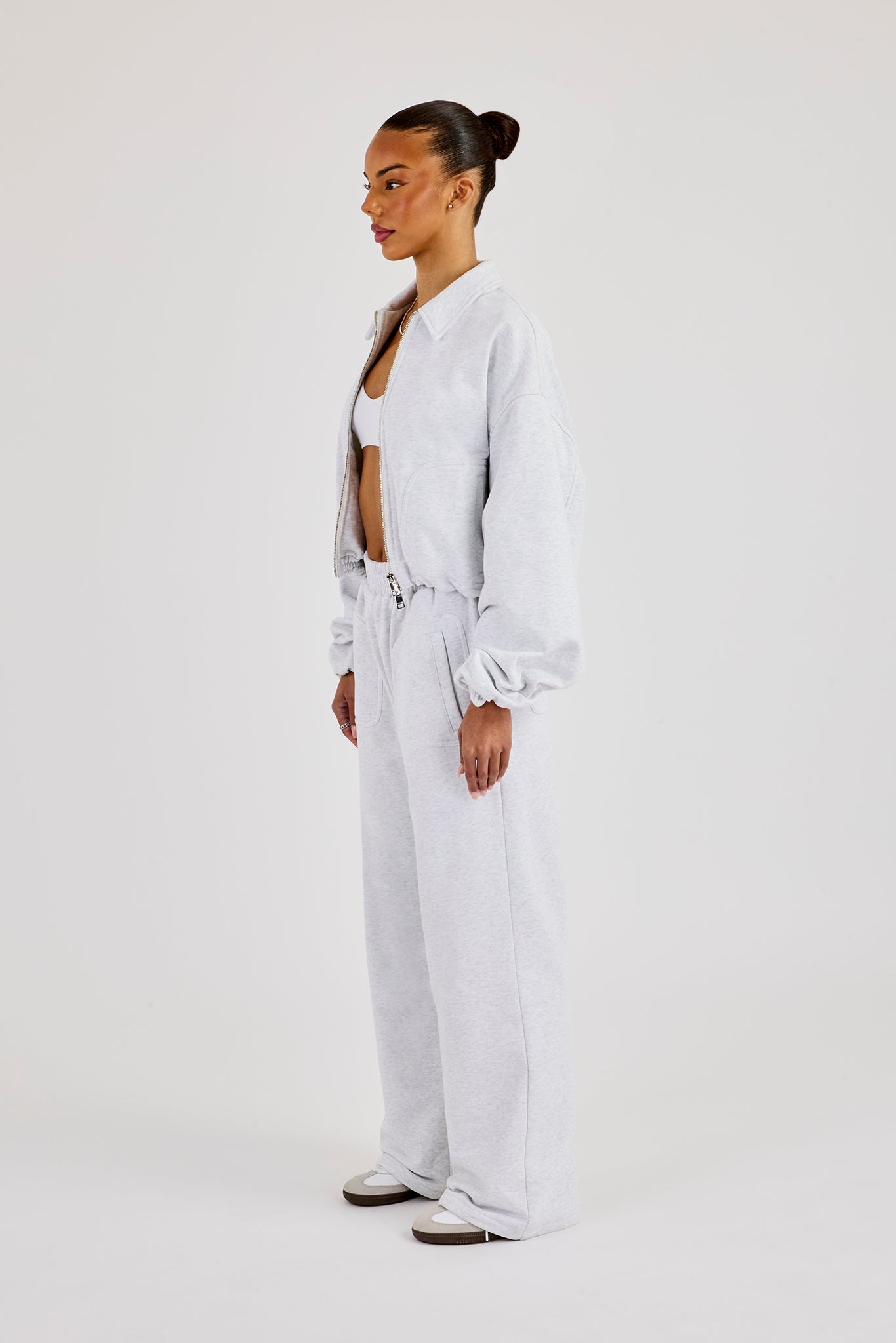 Heavyweight Jersey Collared Bomber Jacket & Wide Leg Jogger - Grey Marl