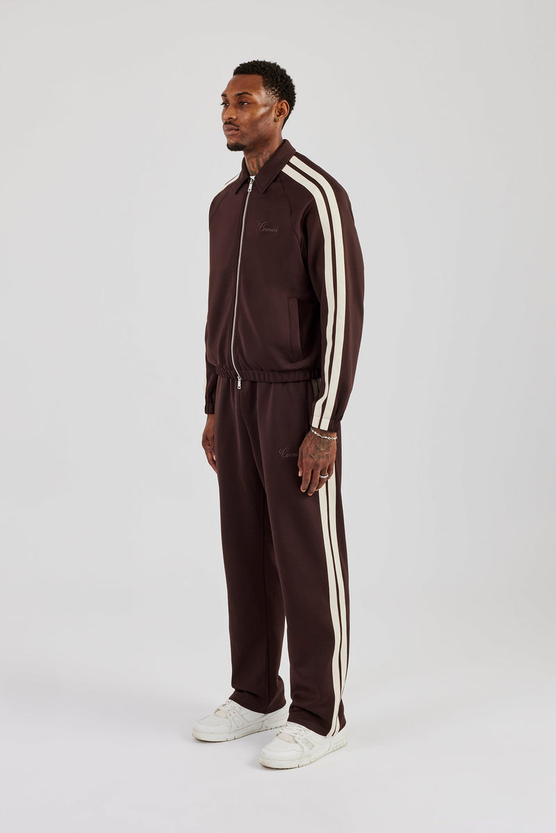 Poly Track Jacket With Side Stripes & Trouser  - Coffee