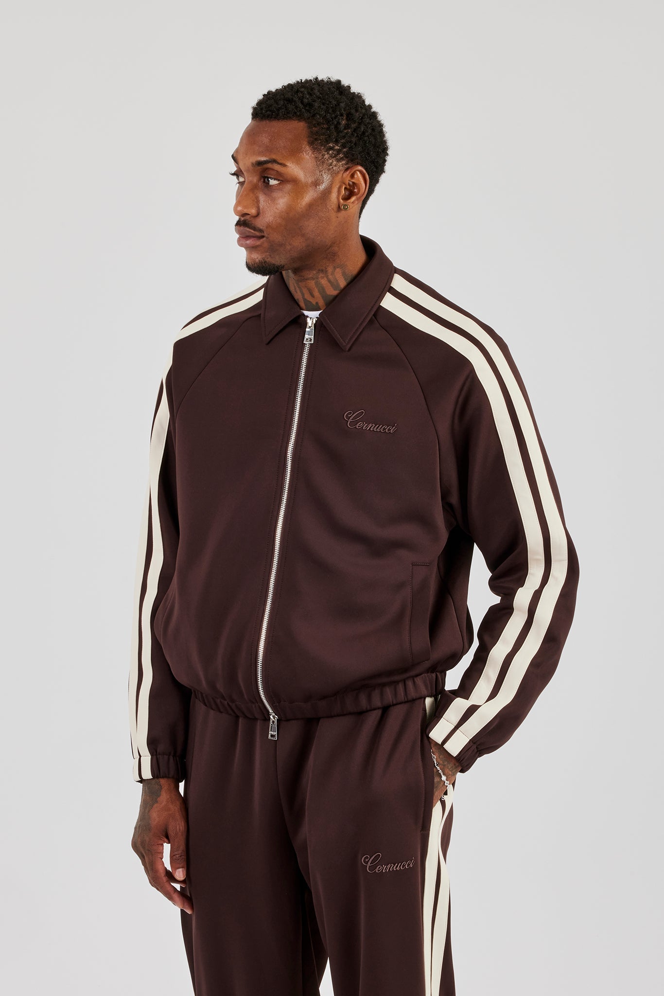 Poly Track Jacket With Side Stripes - Coffee | Mens Outerwear