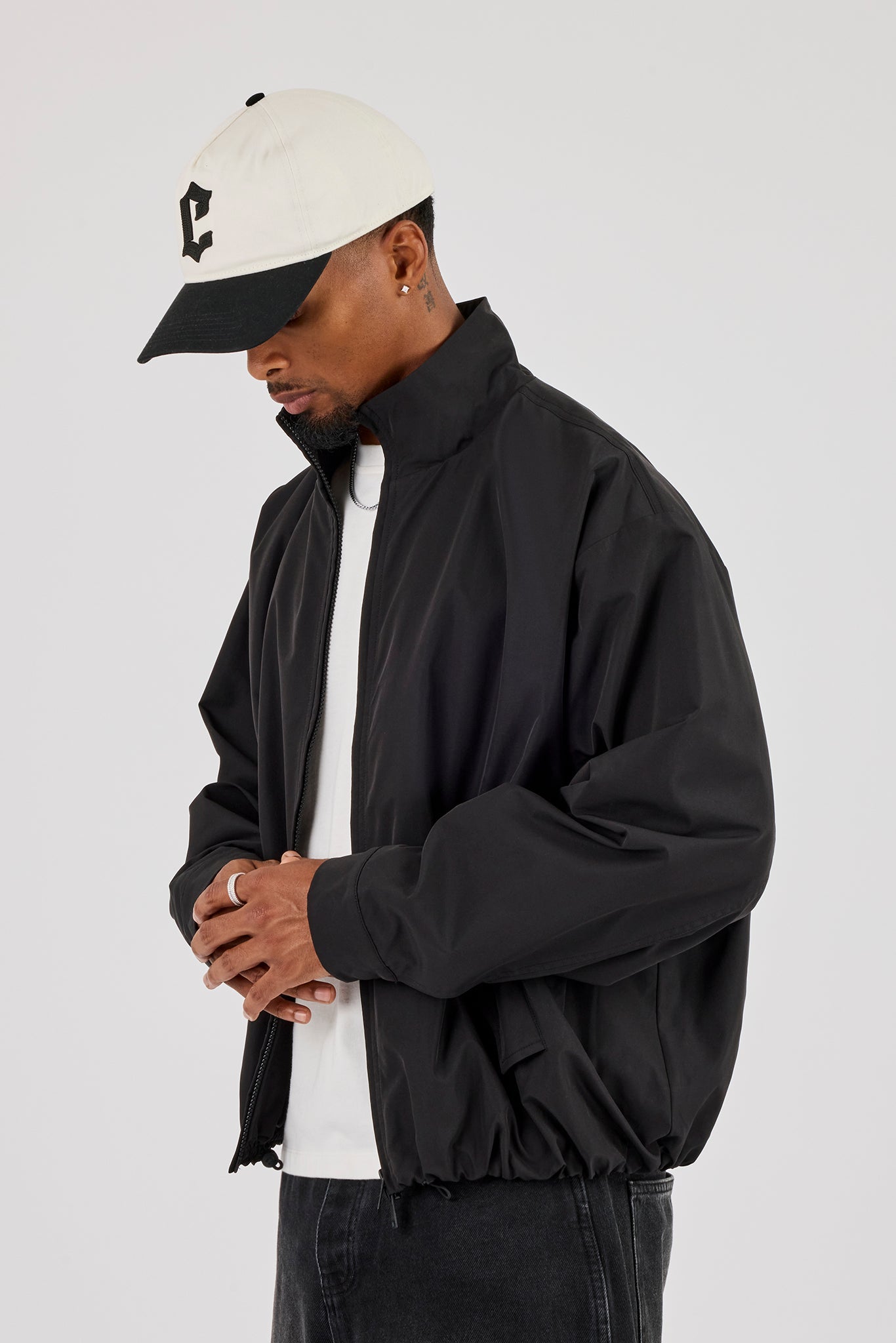 Funnel Neck Nylon Jacket - Black