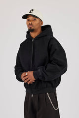 Twill Padded Zip Hooded Jacket - Black