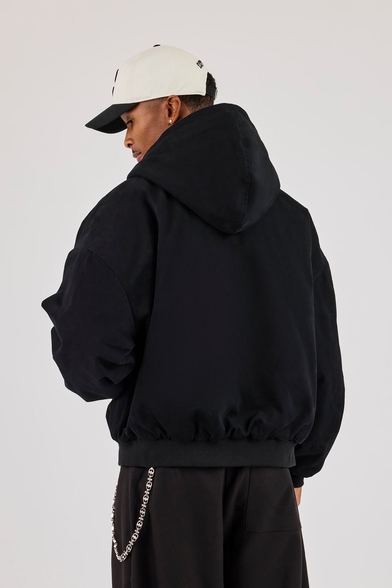 Twill Padded Zip Hooded Jacket - Black