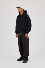 Twill Padded Zip Hooded Jacket - Black