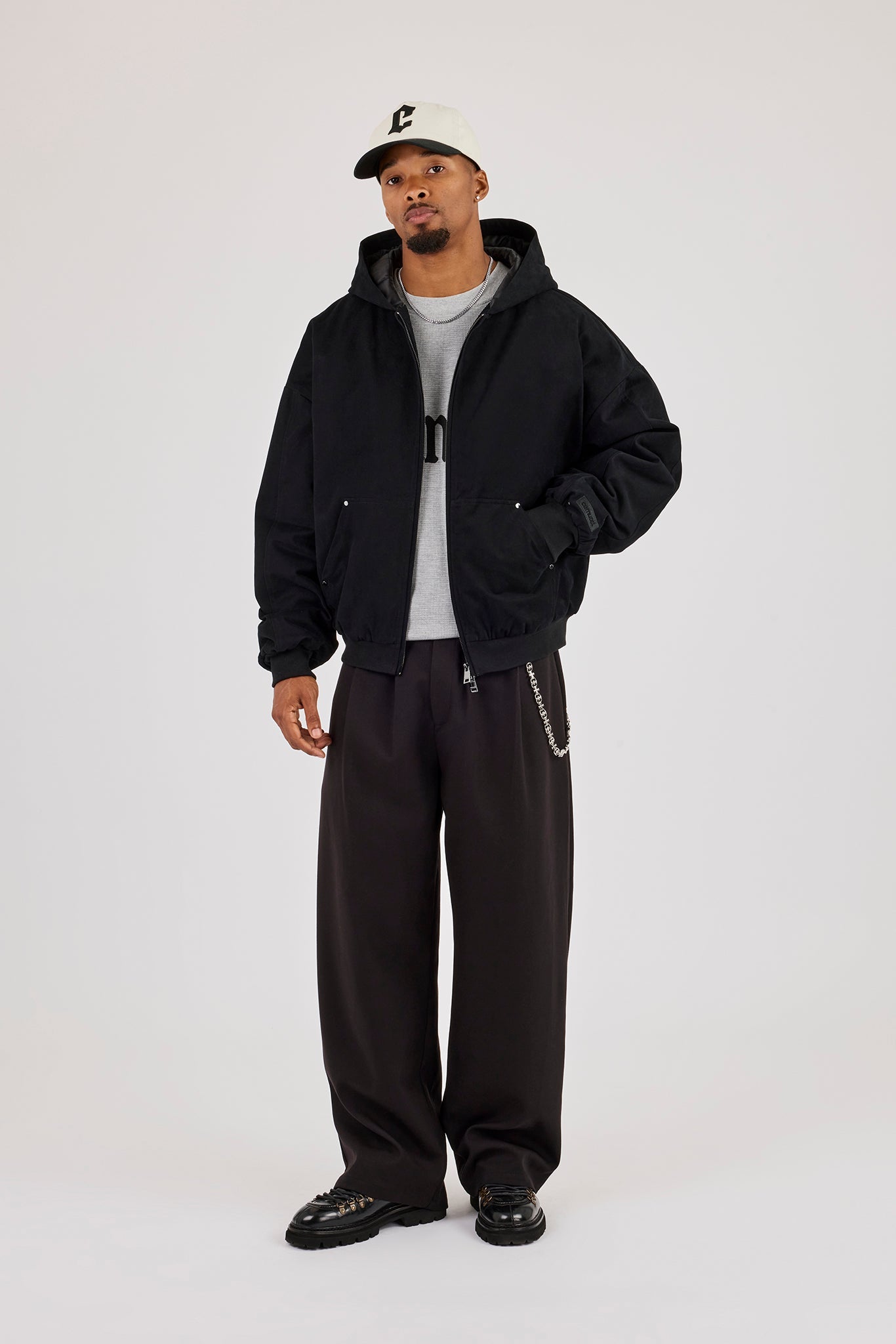 Twill Padded Zip Hooded Jacket - Black
