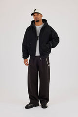 Twill Padded Zip Hooded Jacket - Black