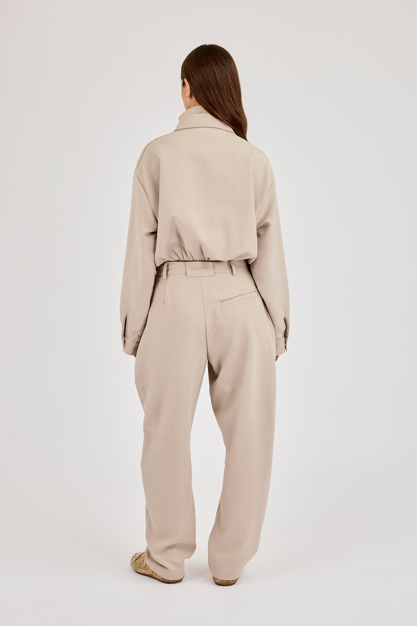 Woven Embroidered Jacket & Barrel Leg Trouser - Beige