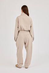 Woven Embroidered Jacket & Barrel Leg Trouser - Beige