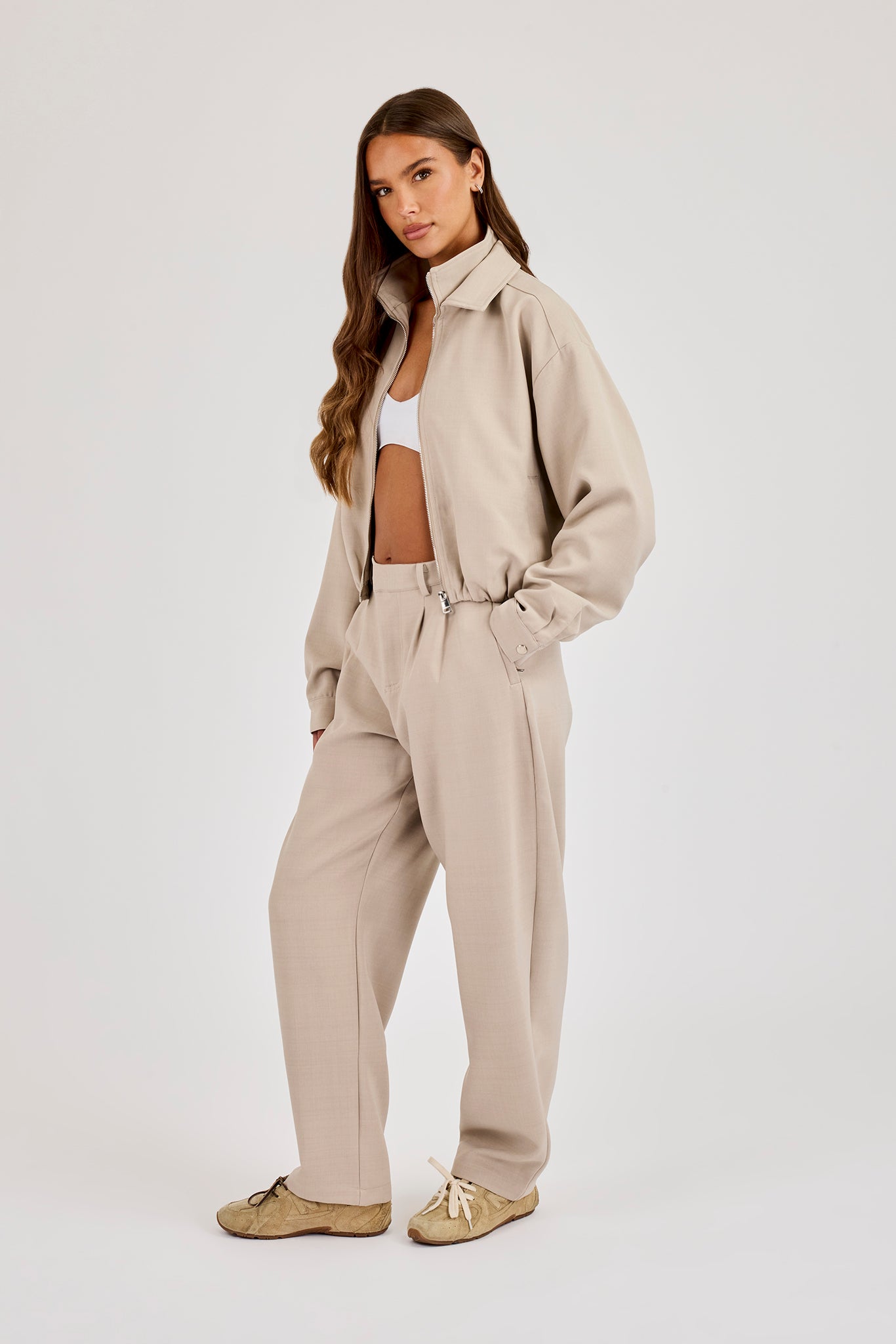Woven Embroidered Jacket & Barrel Leg Trouser - Beige