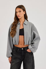 Pinstripe Collared Bomber Jacket - Grey