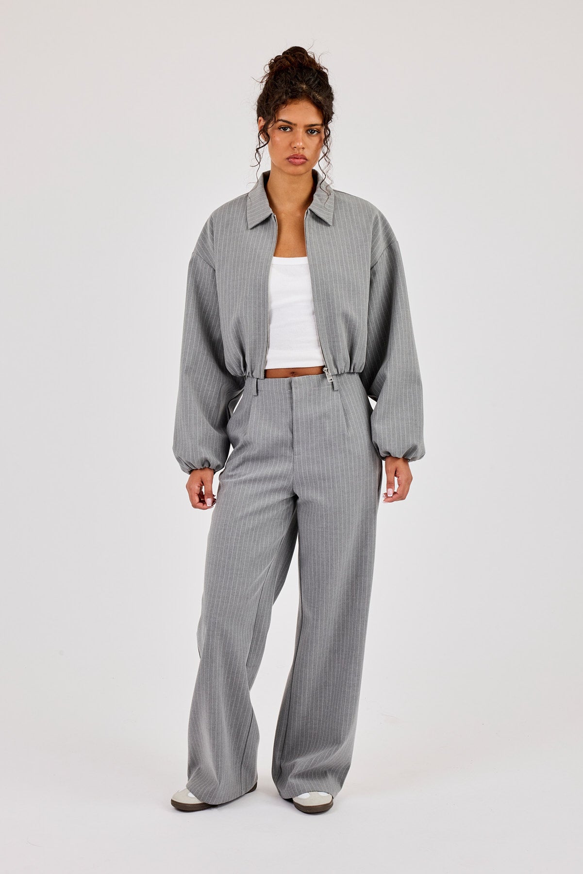 Pinstripe Collared Bomber Jacket - Grey