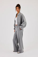 Pinstripe Collared Bomber Jacket & Wide Leg Trouser - Grey