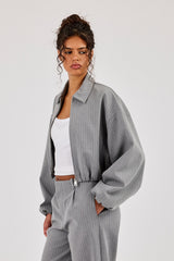 Pinstripe Collared Bomber Jacket - Grey
