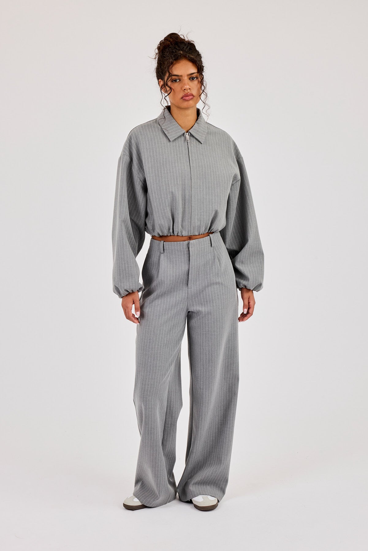 Pinstripe Collared Bomber Jacket & Wide Leg Trouser - Grey
